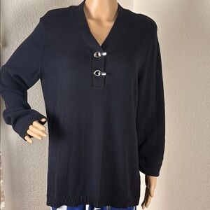 Karen Scott Classy Cotton Black Hook Hardware Detail Long Sleeve Henley Sweater